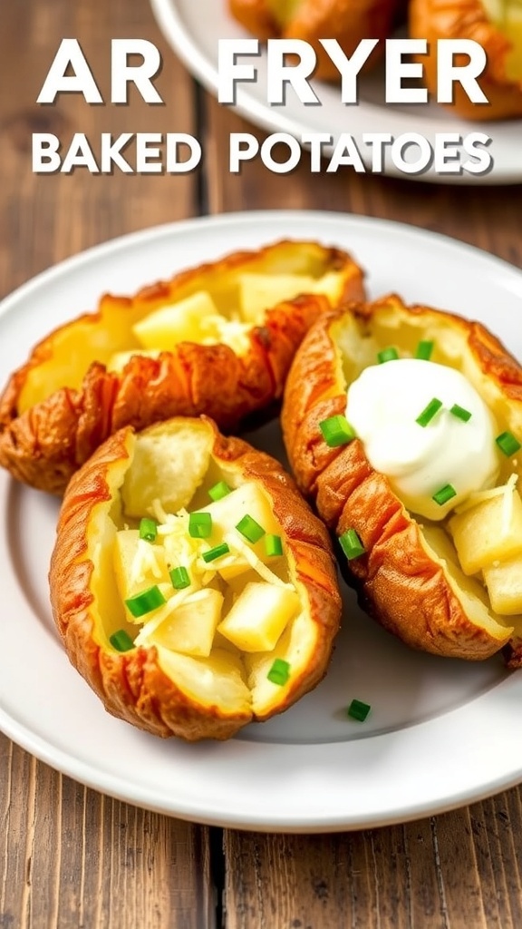 Crispy Air Fryer Baked Potatoes Recipe Crispy air fryer baked potatoes topped with sour cream, chives, and cheese on a wooden table.